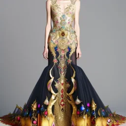 stunning couture gown designed by Marchesa inspired by fairies, realistic epic elegant fantasy color mix of gold and black and red,decorated with precious stones, detailed, high quality, intricate, fantasyland background,