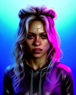 portrait, Shakira, blonde artist, angry, Realistic image, hoodie, fight pose, make-up make-up, gold line make-up, sweat, fog, goddess style, Neon colors, leds. Black background, photo studio, concept art, smooth, unreal engine 5, god lights, ray tracing, RTX, lumen lighting, ultra detail, volumetric lighting, 3d, finely drawn, high definition, 4k.