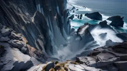 This mesmerizing ocean cliff scene captures the dramatic power and beauty of nature. Towering rugged cliffs stand majestically against the vast expanse of the ocean, where the water pours into a singular bottomless pit. The cliffs, with their sharp and jagged edges, create a stark contrast to the rough, flowing water, making the scene even more captivating. Sunlight pierces through the mist rising from the waterfalls, creating a magical, ethereal atmosphere