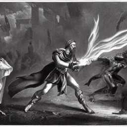 Priest smites demon with fire, armies battling in the background, romanticism.