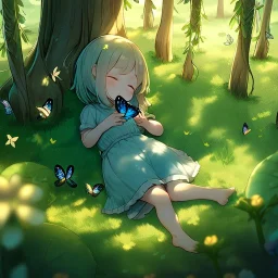 tiny anime girl sleeping in the distance, laying down in a field of flowers, underneath a willow tree, with a butterfly on her nose