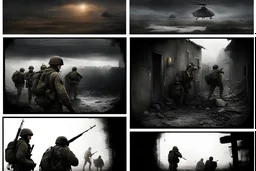 Masterpiece1:5)(Fineart), (award-winning:1.5), highest quality, (ultra realism:1.5) war journalism(,(by Tim Page and Hoorst Faas:1.5))(photorealistic:1.8),RAW pictures (Eastern Ukraine:(panel one:the moment after a battle ends, horrors of war, wounded men),(2nd panel, cinematic shot of men sitting in trench with 1000 yard stare (focus on their eyes:1.5)),(the third panel shows troops tired but hyper alert), (the fourth panel shows the sky is filled with incessant, fire and smoke,)