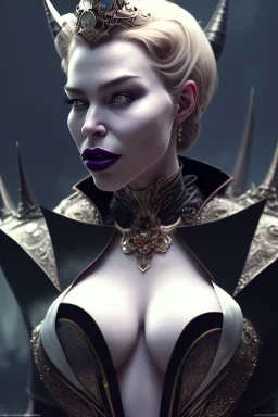 Hannah Waddingham as evil queen in black leather, busty, cleavage, voluptous, rebecca Welton, angry, stern look. character design by cory loftis, fenghua zhong, ryohei hase, ismail inceoglu and ruan jia. unreal engine 5, artistic lighting, highly detailed, photorealistic, fantasy