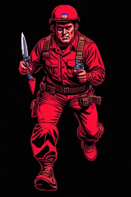 american soldier(uniform and face based on racist steriotypes) running towards viewer, a knife i one hand, and a gun(barrel pointing at viewer) in the other. blocky retro 1960's jack kirby style poster in monochrome with white background
