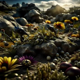 A striking photograh close-up captures a hyperrealistic wasteland with group of plants and rocks. Magnificent. National Geographic image. Volumetric light. Bathed in intense light, small reptiles, eerie, giant black sun, 8k, deep 3d field, nice flowers, rock formations, strong texture, extreme detail, intricate, colours, rich moody colors, 33mm photography, details of the flowers and rocks very accentuated, not grainy