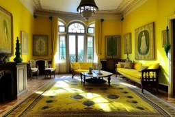 A light yellow heavenly chateau with halos designed in Moroccan rug art painted by Vincent van Gogh