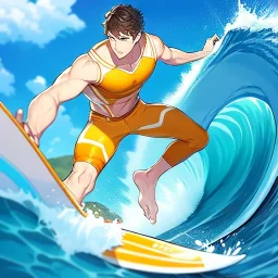 anime boy, surfer boy, surf, waves, perfect wave, orange swim shorts