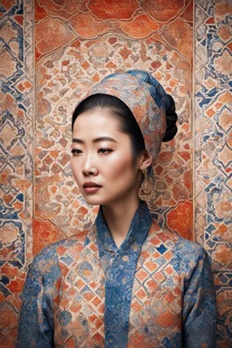 editorial image, asian woman portrait, moroccan tiles pattern, abstract, mixed media