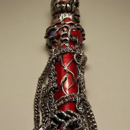 fantasy, digital art, long metal cylinder, object, chain, metallic, dark metal, ruby encrustations, massive, engravings