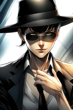 manga, anime, drawing, art, cartoon, perfect body, perfect hands, perfect face, perfect eyes, perfect arms, perfect cowboy hat, mafia woman, female mafia,, short hair pixie cut shaved side, black suit and tie, sunglasses, badass, cool, attractive