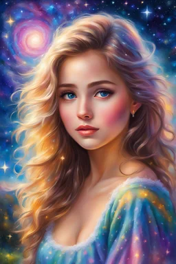 Masterpiece, best quality, oil pastel style, oil pastel painting, beautiful lovely eyes, cute, full body view, painted by Thomas Kinkade, very detailed, high quality, 4k. Cute girl looks at the stars glowing, bright light hair, beautiful lovely eyes, beautiful night sky and glowing, she has enough strong imagination, fantasy and colorful world, vibrant colors.