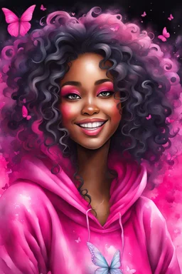 vibrant watercolor painting image, airbrush, 48k, cartoon art image of a black curvy female looking to the side smiling with a large mane of curly ombre hair flowing through the wind while she has a hot pink hoodie on, prominent makeup with hazel eyes, highly detailed hair, background hot pink and BLACK BUTTERFLIES surrounding her, dystopian charcoal