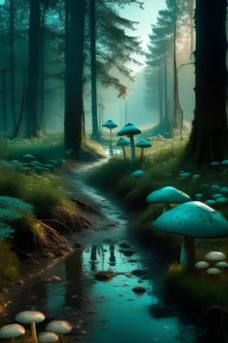 forest trail, teal mushrooms, at dawn by a lake