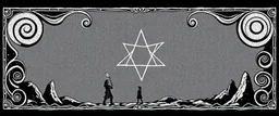 stone age pinball , black swirly border with sacred geometry, characters drawn in front of border,