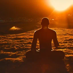 mystical indian man in adoration in himalaya at sunset