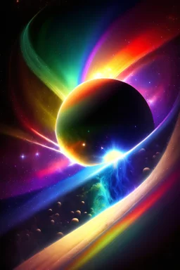 Vibrant Queer Quasar: A distant quasar in the cosmos, emitting vibrant rays in the colors of various Pride flags, casting an alluring glow over an alien planet.