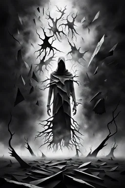 surreal vibe, grayscale, black and white, a caracter dissolving into shadows and fog, body torn into shards of light and darkness. A haunting, nightmare, composition that captures isolation, inner demons, struggle of anxiety. surreal, fog, shadows, atmospheric