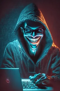 or how about: hacker in the dark with glasses using computer with evil smile