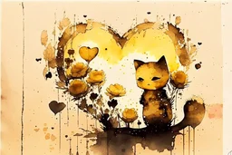 good night picture in ochre, double exposure, merged layers, burned burlap, cute chibi anime cat, beautiful surrealistic composition, melting watercolor and black ink on wet paper in sunshine, flowers, heart and love, ethereal, cinematic postprocessing