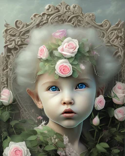 Ultra realistc baby in white dress with white hair. Around ciclamino, biancom giallo and pink roses. White backgroung. An intricate detailed white 3D paper patchwork.