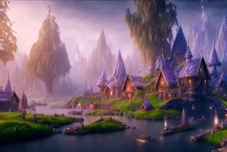 Immersive​ fantasy elven town city in the deep forest with ancient elder tree blossom river 4k full hd