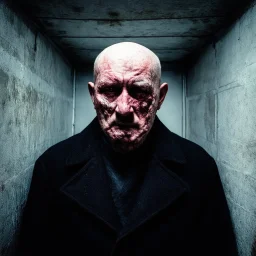 very grainy discolored photo, portrait, dark sewer with no light, grunge, 2000s Russia, punk, outcast, rough, confident, bald older male wearing a coat, extremely pale skin, large flesh bulbs grow out of his face and covering a lot of it, face is disproportionally deformed, hunchback, sewer dweller