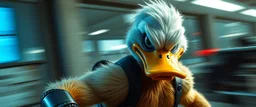 hi speed bad ass cyber punk masculine realistic Donald Duck humanoid with hairy arms and chest, motion blurred background