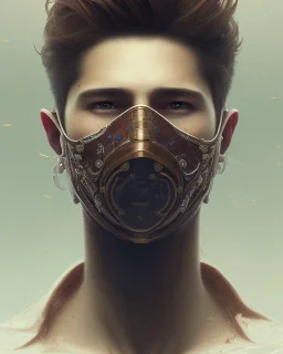 male, boy, cute, young, brown hair, brown eyes, mask covering mouth, head and shoulders portrait, 8k resolution concept art portrait by Greg Rutkowski, Artgerm, WLOP, dynamic lighting hyperdetailed intricately detailed Splash art trending on Artstation triadic colors