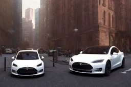 A Tesla 'Model S' is parked, near the 'Central Synagogue' in New York City. (CINEMATIC, WIDE ANGLE LENS, PHOTO REAL)