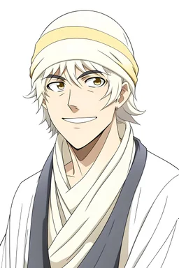 "Draw an Arab man anime character in the style of the anime gintama .' The character has blonde hair, light tan skin, wears simple Arab clothing, has beautiful and lively features, is very tall, and exhibits funny expressions."