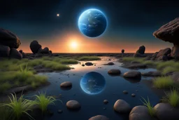 Dark blue sky with one exoplanet in the horizon, rocks, puddle, weeds, sci-fi movies influence, epic