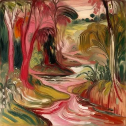 A pink jungle with a soothing river painted by Edvard Munch