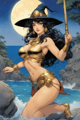 (in the style of Orion, by Masamune Shirow) Circe Odysseus' witch points the camera to say "thank you", she smiles on a rock of her island