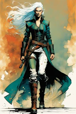 create an imaginative full body print illustration of an ethereal, otherworldly , ghost haired, elven female grandmaster Witcher in a tattered battle worn leather doublet and boots , in the comic book art style of Bill Sienkiewicz, Mike Mignola, and Jean Giraud Moebius, with highly detailed feminine facial features , finely drawn, colored and inked,