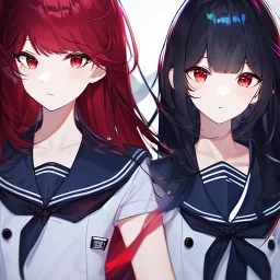 Clear focus, High resolution, long black fluffy hair, red eyes, chopped bangs, wearing a sailor uniform, wearing a sailor skirt, colorful, hollywood, female, human, mortal, thin legs, no outlines, extreme close up