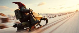 close up on gnome troll hit man with rocket boots in suit on a mech sled doing jumping stunt in winter wasteland, style of fallout 4, high speed with motion blur, on elevated road, gnome doing a cool pose on the sled, standing on knee with one hand on sled