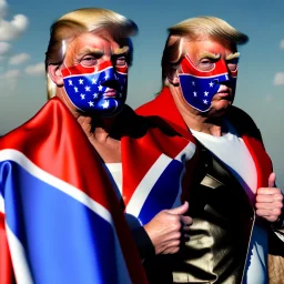 realistic image of donald trump as a mexican wrestling fighter posing outdoors, Mexican eyes wrestling mask, red and blue breeches, confederate flag cape, retro style, 80s, vibrant color, highly detailed, sky background, concept art, unreal engine 5, god rays, ray tracing, RTX, lumen lighting, ultra detail, volumetric lighting, 3d, finely drawn, high definition, high resolution.