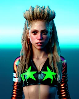 portrait, Shakira, blonde artist, angry, Realistic image, MMA robe, hoodie, mma gloves, loose long hair, eyes, make-up, gold line make-up, moisture, sweat, fog, goddess, Neon colors, leds. Black background, photo studio, concept art, smooth, unreal engine 5, god lights, ray tracing, RTX, lumen lighting, ultra detail, volumetric lighting, 3d, finely drawn, high definition, 4k.