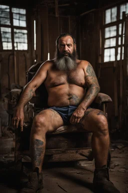 full figure shot photography of a 43-year-old turkish heavyset tattoo very hairy sweaty worker sitting spread-legged in an old armchair inside a construction site shed, dressed in shorts, shirtless, stubble, big manly legs, serious eyes, midnight, dim neon lights illuminating and shine on the beards of sweat that fill his large chest, photorealistic , ambient occlusion