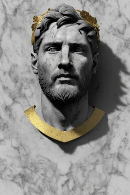 Ultra Realistic image, Roman sculpture bust, clean white marble material, Lionel Messi, gold Laurel leaves wreath, renaissance ornaments, one gold star, blue sky background, waist up portrait, epic, cinematic lighting, god light, 4k resolution, smooth details, ornate details, soft lighting, unreal engine 5, art station, substance 3d, art concept.