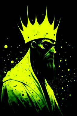 Hastur- the king in yellow, profile picture, face peering off to the side, he is wearing a yellow shining crown , the crown is minimalistic and ruggedly forged, his face is behind a grotesque mask, a dimly lit ghostly light shines behind him, the background is a dark void, immaculate chiaroscuro dot shading,