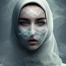 clouds of fog as woman's face, dissolving, disintegrating, smokey, foggy, wearing hijab, fine detail, highly intricate, ghostly, modern surrealism painting, high-quality, volumetric lighting, 8k, ultrahd, George Grie, Marco Escobedo, Igor Morski,Brian Froud, Howard Lyon, Selina French,