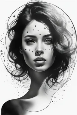 A realistic drawing in negative space black ink on white background of a beautiful girl with circles enhance her face max enrist