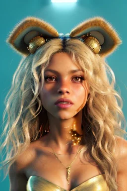 Shakira artist, Realistic image, natural waist up portrait, natural busty , perfect eyes, glow, circle iris, eye liner. spray line make up, glow. lips, gold. big rings piercing, led ornament. coat, vibrant color, highly detailed, art stations, concept art, smooth, unreal engine 5, god lights, ray tracing, RTX, lumen lighting, ultra detail, volumetric lighting, 3d, finely drawn, high definition, 4k.