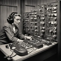 vintage technology, 1950's telephone operator working switchboard connecting callers through plugs keys and connecting cords, vintage photography, dramatic, nostalgic, hyperrealistic,