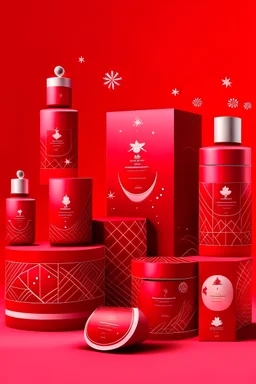 Please translate: Designing a set of cosmetic packaging for hair, hand, face, and foot creams with a holiday theme, featuring a red sky pattern with stars, Christmas trees, lollipops, and Santas, all with the inscription LUMINA. Arranged in an aesthetic way suitable for posting on Instagram."