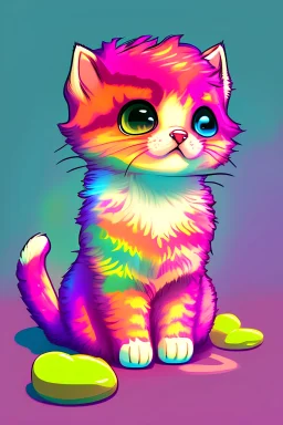 digital illustration of an Adorable, tiny, fluffy, playful kitten, cartoon style, using bright and pastel colors