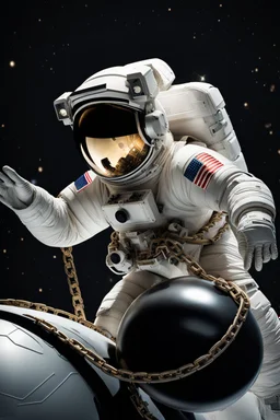 close side view of An astronaut sitting on a large steel ball.floating in the air, wide legs, holding on to the chain