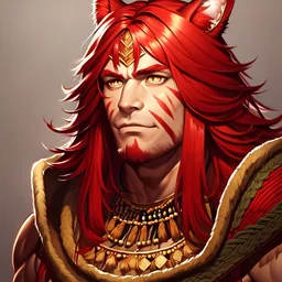 Barbarian anime character, animal hide armor, physically fit, tribal tattoos, scars, washboard abs, red facepaint, red hair, dark eyeshadow, intricate eyeliner, soft round eyes, beads in hair, 8k resolution, cinematic smooth, intricate details, vibrant colors, realistic details, masterpiece, oil on canvas, smokey background