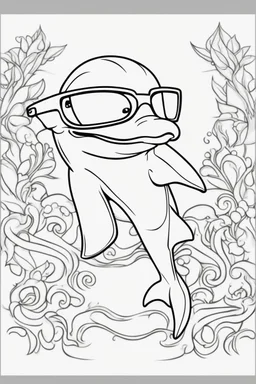 Outline art for cute coloring pages with dolphin with glasses, full body, white background, sketch style, only use outline, clean line art, no shadows and clear and well outlined.